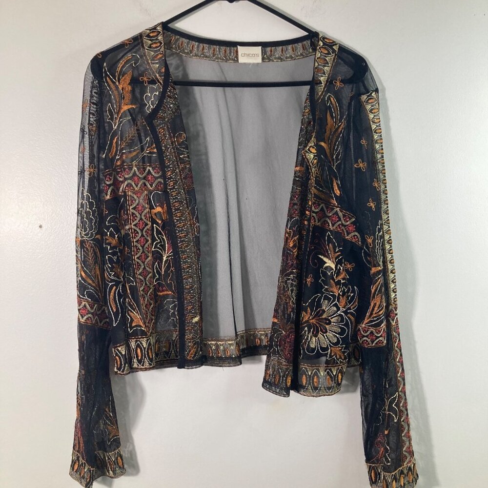 Womens Chicos Sheer Embroidered Mesh Open Cardigan Black Rust‎ Gold L